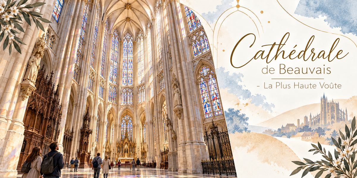 Visuel aquarellé de l'intérieur de la cathédrale Saint-Pierre de Beauvais vu en contre-plongée, les faisceaux de colonnes montant vers la voûte, les immenses verrières du chœur baignées de lumière dorée, les arcs-boutants devinés au dehors, des feuillages clairs et des fleurs blanches en bordure, un filet doré et le titre Cathédrale de Beauvais - La Plus Haute Voûte