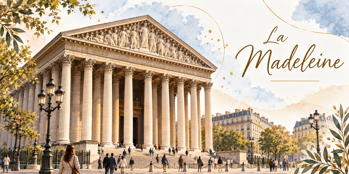 Visuel aquarellé de l'église de la Madeleine à Paris vue de trois quarts, sa colonnade corinthienne et son large fronton sculpté, le grand escalier et les passants sur la place, les réverbères en fonte, les immeubles haussmanniens du boulevard, des feuillages d'olivier en bordure et le titre La Madeleine en grandes lettres dorées