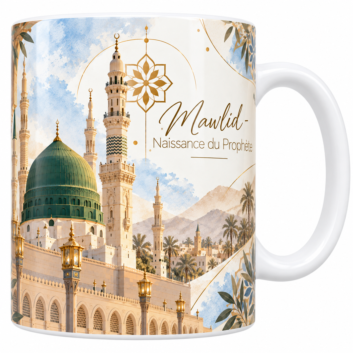 Mug céramique blanche 330 ml illustré à l'aquarelle d'une mosquée à coupole verte et minarets élancés au crépuscule, ses lanternes allumées et ses palmiers, une rosace géométrique dorée dans le ciel et le titre Mawlid - Naissance du Prophète en lettres dorées