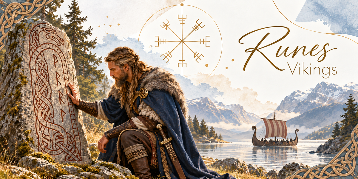 Visuel aquarellé d'un homme aux cheveux longs, en cape bleue et col de fourrure, agenouillé la main posée sur une haute pierre runique gravée de signes rouges et d'un serpent entrelacé, un drakkar à voile rayée glissant sur le fjord derrière lui, des sapins sombres et des montagnes enneigées, une rose des vents runique tracée en or dans le ciel, des entrelacs celtiques dorés en bordure et le titre Runes Vikings