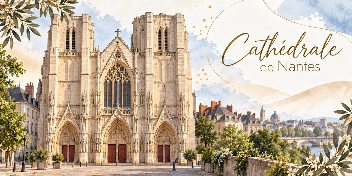 Visuel aquarellé de la cathédrale Saint-Pierre-et-Saint-Paul de Nantes vue de face, sa façade occidentale aux deux tours carrées sans flèche, ses trois porches profonds et sa grande baie gothique, les arbres et les buissons du parvis, les toits d'ardoise de la ville et la Loire franchie par un pont à droite, des collines dorées à l'horizon, des feuillages d'olivier et des fleurs blanches en bordure et le titre Cathédrale de Nantes en lettres dorées