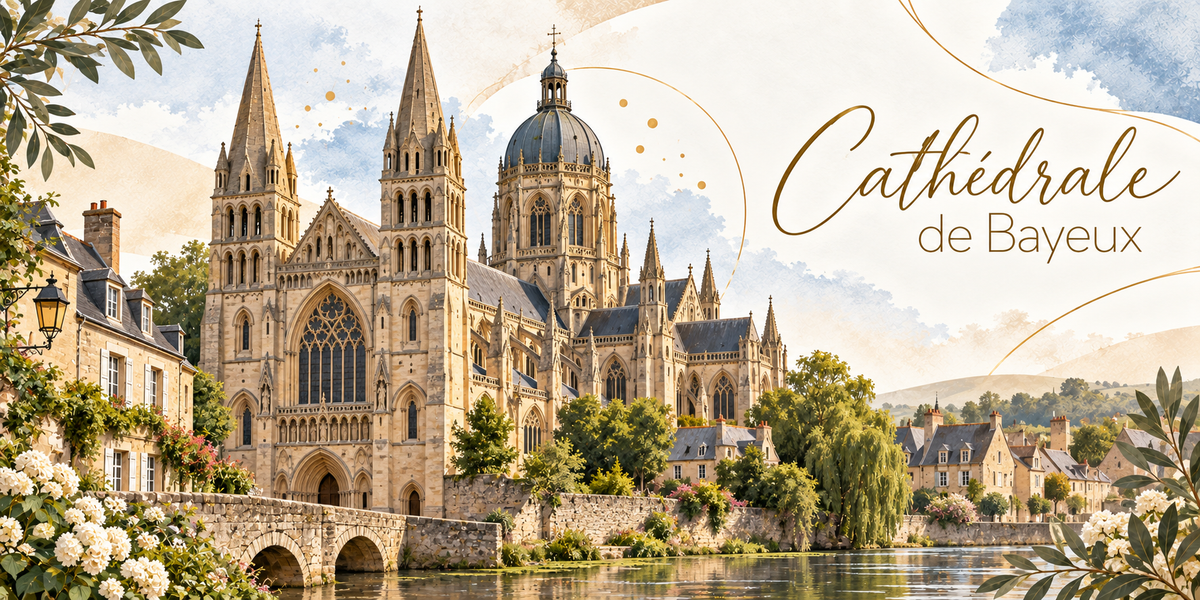 Visuel aquarellé de la cathédrale Notre-Dame de Bayeux vue depuis la rivière, ses deux flèches occidentales et sa tour-lanterne coiffée d'un dôme, ses contreforts et sa grande baie gothique, un pont de pierre à arches se reflétant dans l'eau, les maisons normandes et les saules de la berge, des hortensias blancs au premier plan, les collines vertes du Bessin à l'horizon et le titre Cathédrale de Bayeux en lettres dorées