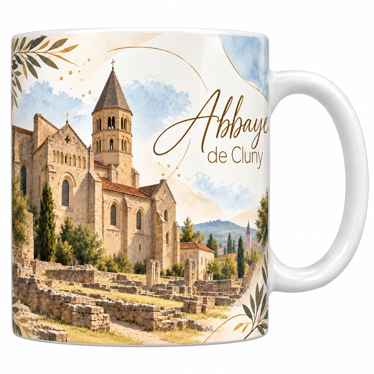 Mug céramique blanche 330 ml illustré de l'abbaye de Cluny à l'aquarelle, le bras du transept subsistant et son clocher octogonal, les bases de colonnes et les ruines dans l'herbe, les toits du bourg et les collines du Mâconnais, des feuillages d'olivier et le titre Abbaye de Cluny en lettres dorées