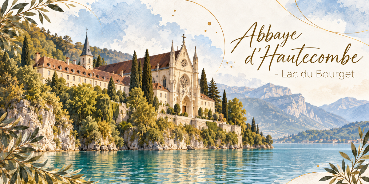 Visuel aquarellé de l'abbaye d'Hautecombe posée au bord du lac du Bourget, sa façade néogothique à pignon ajouré et sa rosace, son clocher élancé et les longs bâtiments conventuels aux toits de tuiles, la falaise boisée et les cyprès qui les entourent, l'eau turquoise du lac au premier plan, les montagnes de Savoie à l'horizon, des feuillages d'olivier en bordure et le titre Abbaye d'Hautecombe - Lac du Bourget en lettres dorées