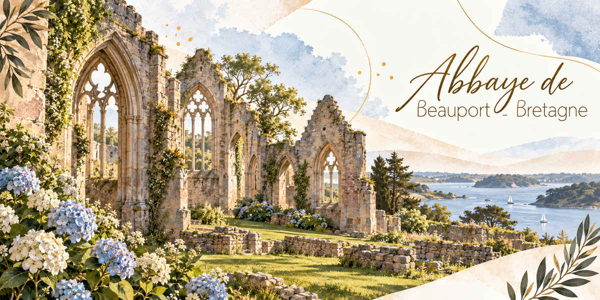 Visuel aquarellé des ruines de l'abbaye de Beauport en Bretagne, ses hautes baies gothiques ouvertes sur le ciel et ses murs envahis de lierre, la pelouse au pied des arcades, des hortensias bleus et blancs en abondance au premier plan, l'anse de Paimpol et ses voiliers au fond, les collines de la côte à l'horizon, des feuillages d'olivier en bordure et le titre Abbaye de Beauport - Bretagne en lettres dorées