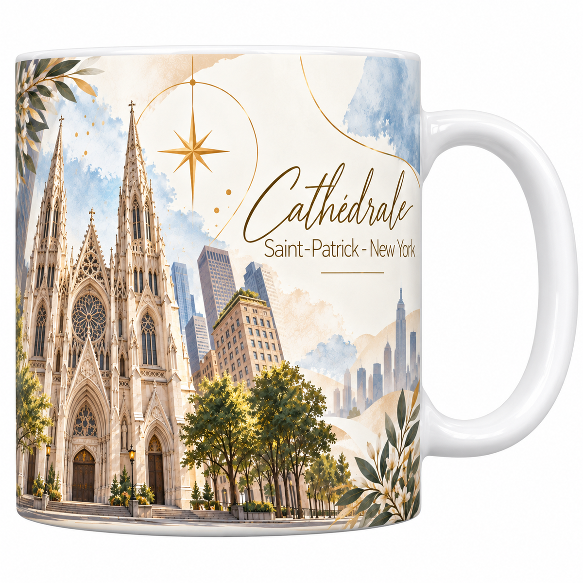 Mug céramique blanche 330 ml illustré de la cathédrale Saint-Patrick à New York à l'aquarelle, sa façade néogothique aux deux flèches ajourées et sa grande rosace, les gratte-ciel de Manhattan autour, les arbres de la Cinquième Avenue et le titre Cathédrale Saint-Patrick - New York en lettres dorées