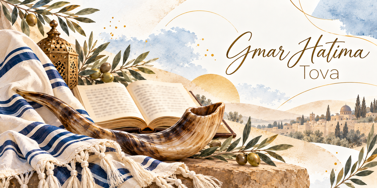 Visuel aquarellé de Gmar Hatima Tova, un grand livre ouvert posé sur une pierre, un shofar de corne torsadée couché à côté, un talit crème à rayures bleues et ses franges drapé sur le rebord, une lanterne allumée, des olives et un rameau d'olivier, le soleil levant sur les coupoles et les murs clairs de Jérusalem à l'horizon, des feuillages en bordure et le titre Gmar Hatima Tova en lettres dorées