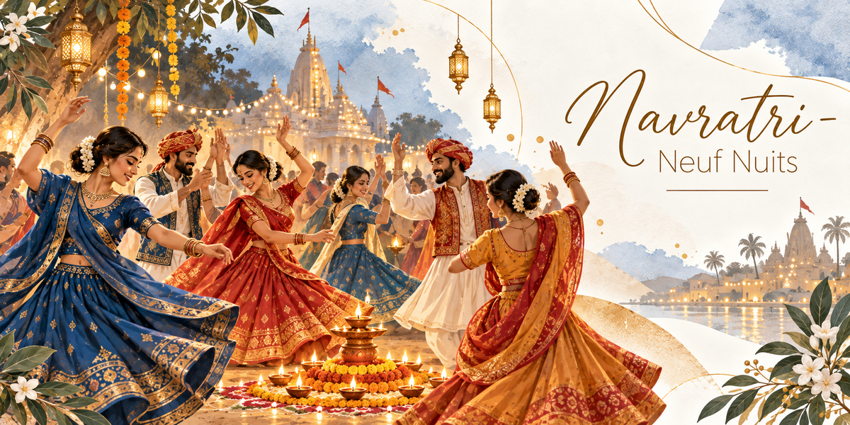 Visuel aquarellé de Navratri, une ronde de danseuses en lehenga bleu, rouge et safran brodés d'or et de danseurs en kurta claire et turban rouge, bras levés, tournant autour d'une lampe à huile étagée posée sur un rangoli de fleurs d'œillets d'Inde orange et de petites lampes allumées, un temple blanc illuminé de guirlandes et de drapeaux safran derrière eux, des lanternes suspendues, des feuillages en bordure et le titre Navratri - Neuf Nuits en lettres dorées