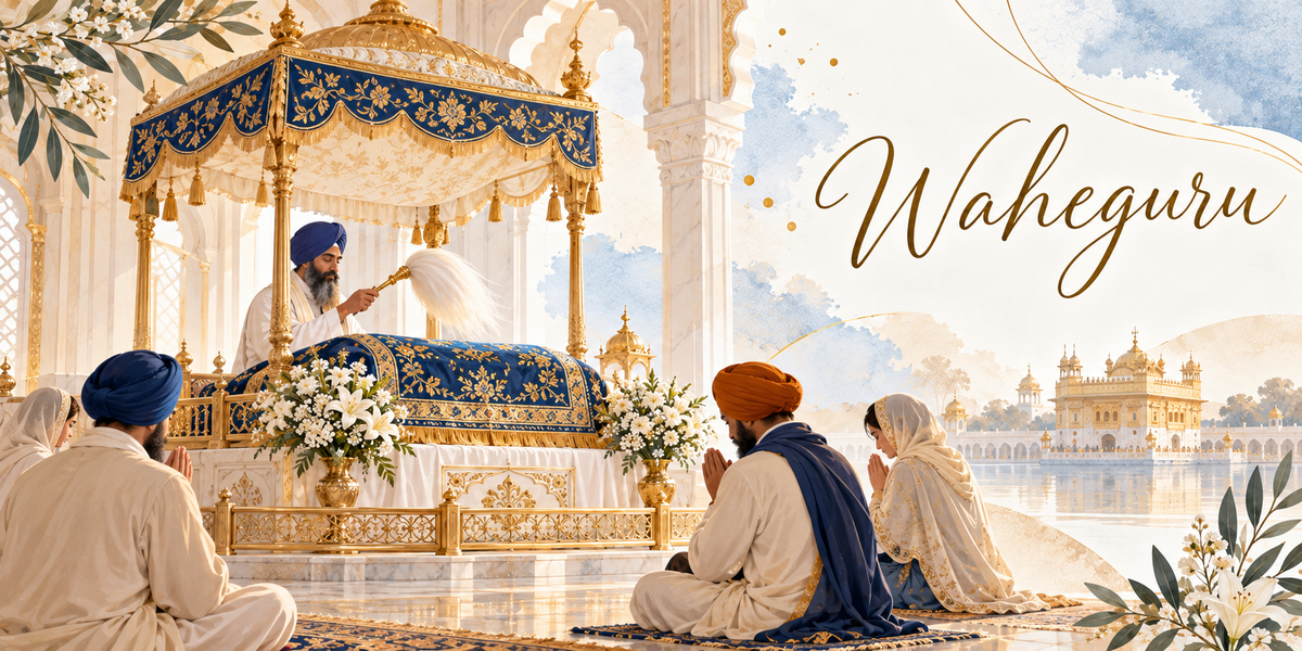 Visuel aquarellé de Waheguru, l'intérieur clair d'un gurdwara de marbre, le granthi en turban bleu agitant le chaur de crin blanc au-dessus du livre sacré posé sous un baldaquin doré tendu d'étoffe bleue brodée d'or, des bouquets de fleurs blanches de part et d'autre, des fidèles assis en silence les mains jointes, le Temple d'Or doré au bord de son bassin à l'arrière-plan, des feuillages en bordure et le titre Waheguru en lettres dorées
