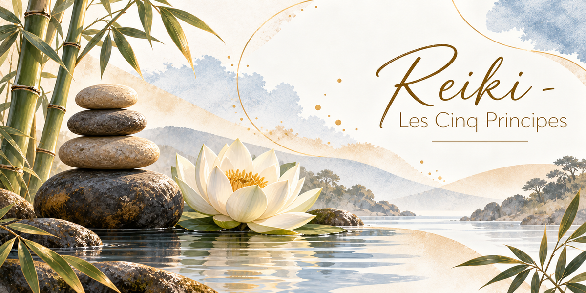 Visuel aquarellé du Reiki, un cairn de galets ronds empilés sur un gros rocher sombre au bord de l'eau, un grand lotus blanc au cœur doré ouvert sur la surface calme et son reflet, des tiges de bambou vert de part et d'autre, le rivage doré, les collines et les arbres dans la brume à l'horizon, des feuillages en bordure et le titre Reiki - Les Cinq Principes en lettres dorées