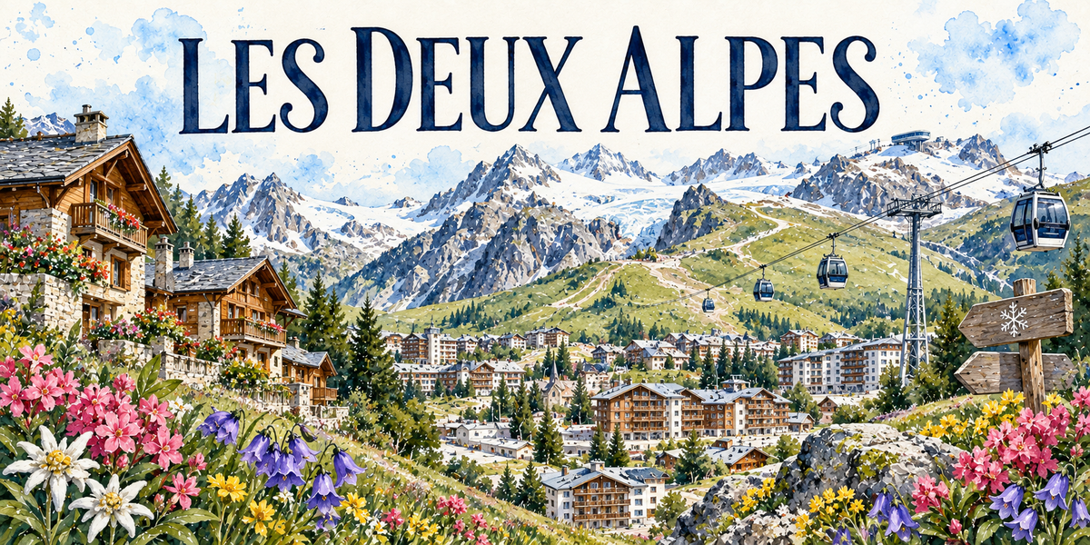 Les Deux Alpes en aquarelle : chalets de bois à balcons fleuris au premier plan, la station étagée dans la combe, des télécabines qui montent vers une gare d'altitude, le glacier et les sommets enneigés au fond, un panneau de bois gravé d'un flocon, edelweiss, campanules et fleurs alpines