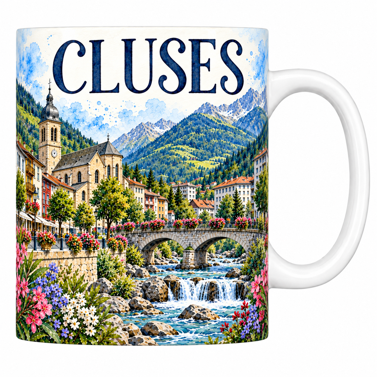 Mug céramique 330 ml Cluses : l'Arve, le pont et le clocher à bulbe en aquarelle