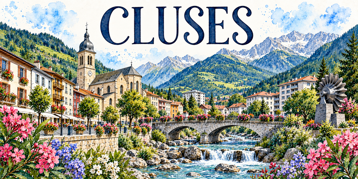 Cluses en aquarelle : l'Arve en eaux vives et ses rochers au premier plan, un pont de pierre à deux arches, les quais et leurs immeubles colorés à balcons fleuris, l'église et son clocher à bulbe, les montagnes du Faucigny au fond et, à droite, une sculpture d'acier sur socle en forme de pièce usinée