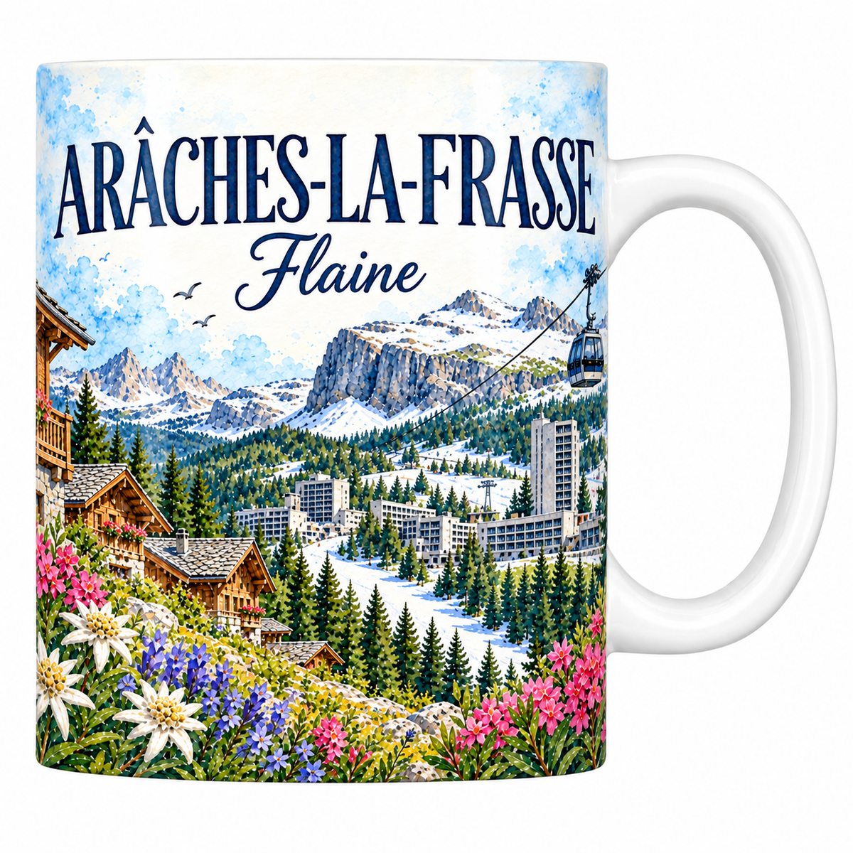 Mug céramique 330 ml Arâches-la-Frasse : chalets, forêt et falaise en aquarelle