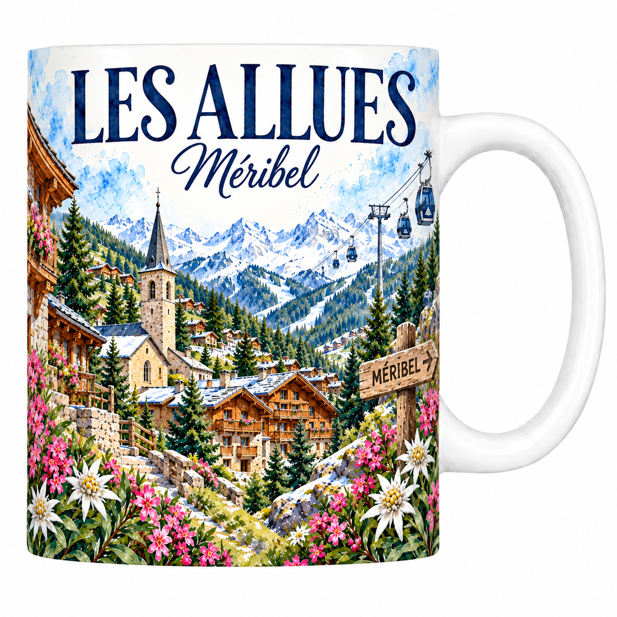 Mug céramique 330 ml Les Allues : chalets et clocher savoyard en aquarelle