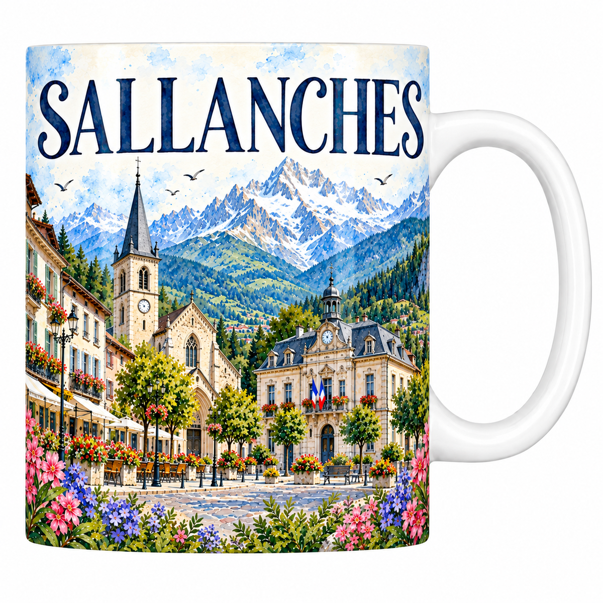 Mug céramique 330 ml Sallanches : la place et l'hôtel de ville en aquarelle
