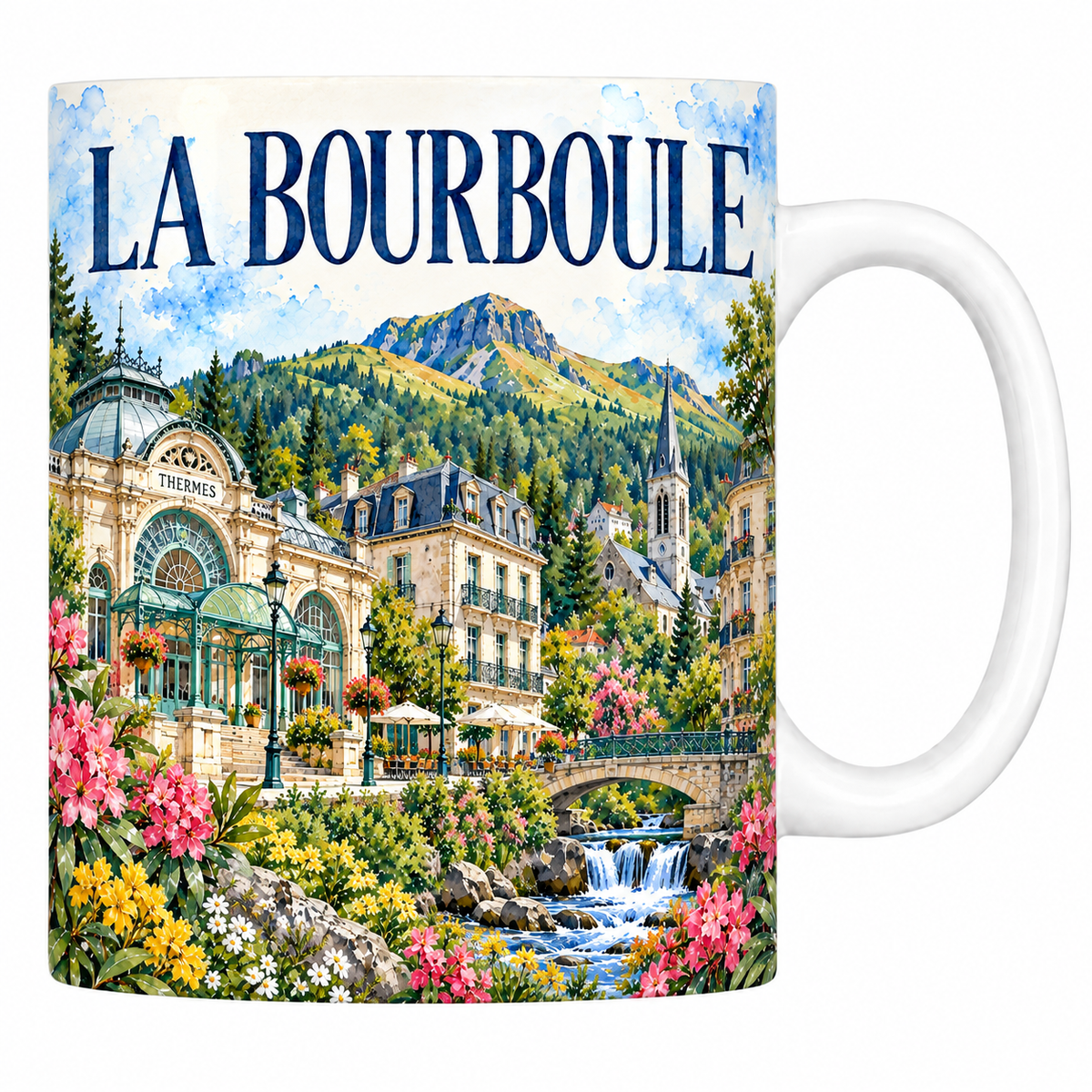 Mug céramique 330 ml La Bourboule : les thermes et la Dordogne en aquarelle