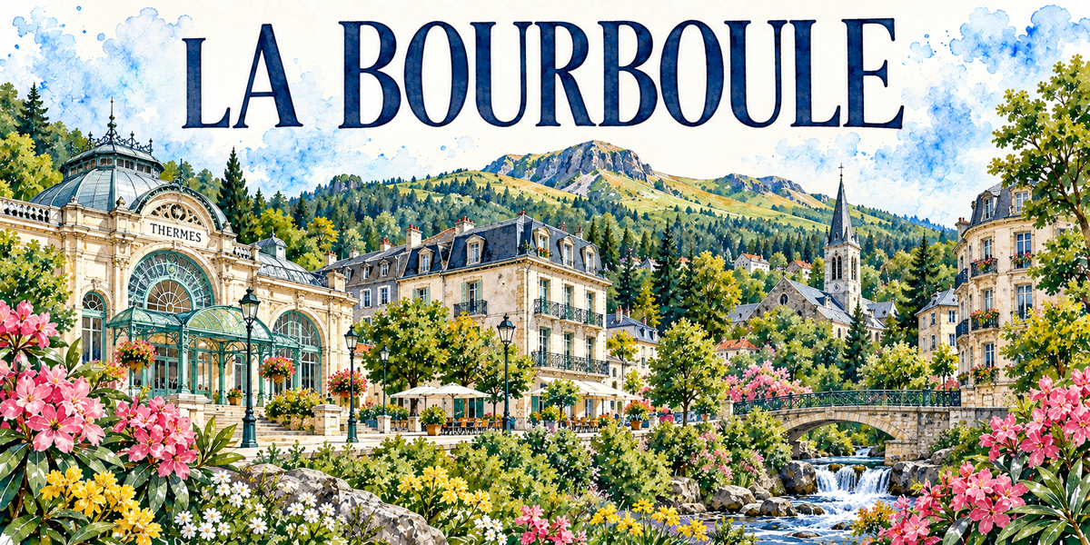 La Bourboule en aquarelle : le pavillon des thermes à gauche avec sa marquise de verre et de fer et sa coupole, les immeubles Belle Époque à toits d'ardoise et balcons de fer, le clocher à flèche de l'église, la Dordogne en cascade sous un pont de pierre, les monts Dore au fond, rhododendrons et fleurs blanches au premier plan