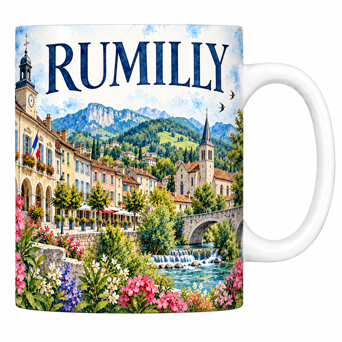 Mug céramique 330 ml Rumilly : la place à arcades et le Chéran en aquarelle