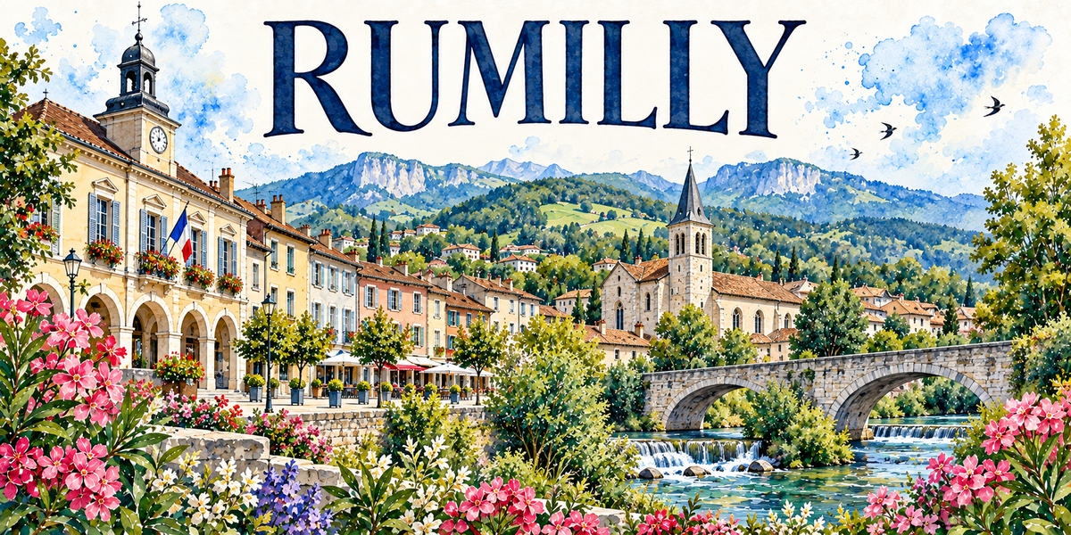 Rumilly en aquarelle : un bâtiment à arcades surmonté d'un campanile à horloge et d'un drapeau français à gauche, les façades colorées de la place et leurs terrasses, le clocher à flèche de l'église, un pont de pierre à deux arches sur le Chéran et ses petites chutes d'eau, les montagnes boisées au fond, lauriers-roses et fleurs blanches au premier plan