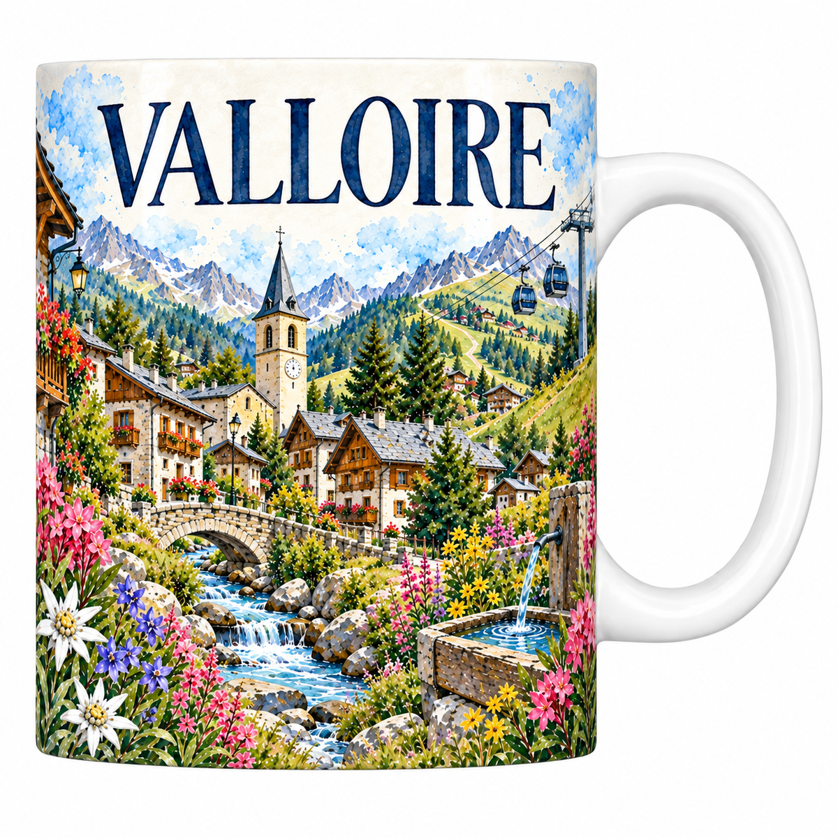 Mug céramique 330 ml Valloire : le village et son clocher en aquarelle