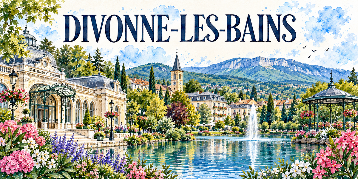 Divonne-les-Bains en aquarelle : à gauche un bâtiment portant la mention établissement thermal, avec sa marquise de verre et de fer et sa coupole, le lac et son jet d'eau au centre, un kiosque à musique en fer forgé à droite, le clocher à flèche de l'église et les immeubles Belle Époque, la crête du Jura au fond, hortensias et lupins au premier plan