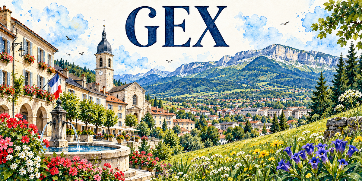 Gex en aquarelle : l'hôtel de ville à arcades avec son drapeau français à gauche, le clocher à bulbe de l'église et son horloge, une fontaine ronde en pierre au premier plan, les terrasses sous parasols, la ville étalée en contrebas, la crête calcaire boisée du Jura au fond, une prairie de gentianes et de fleurs blanches à droite