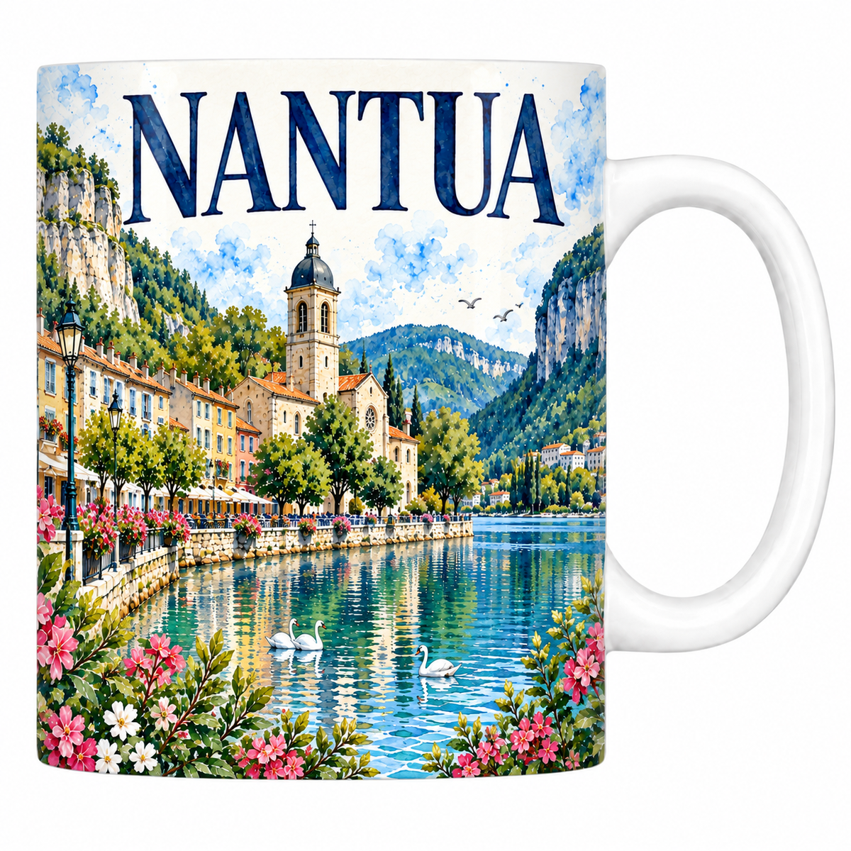 Mug céramique 330 ml Nantua : le lac, les quais et l'abbatiale en aquarelle