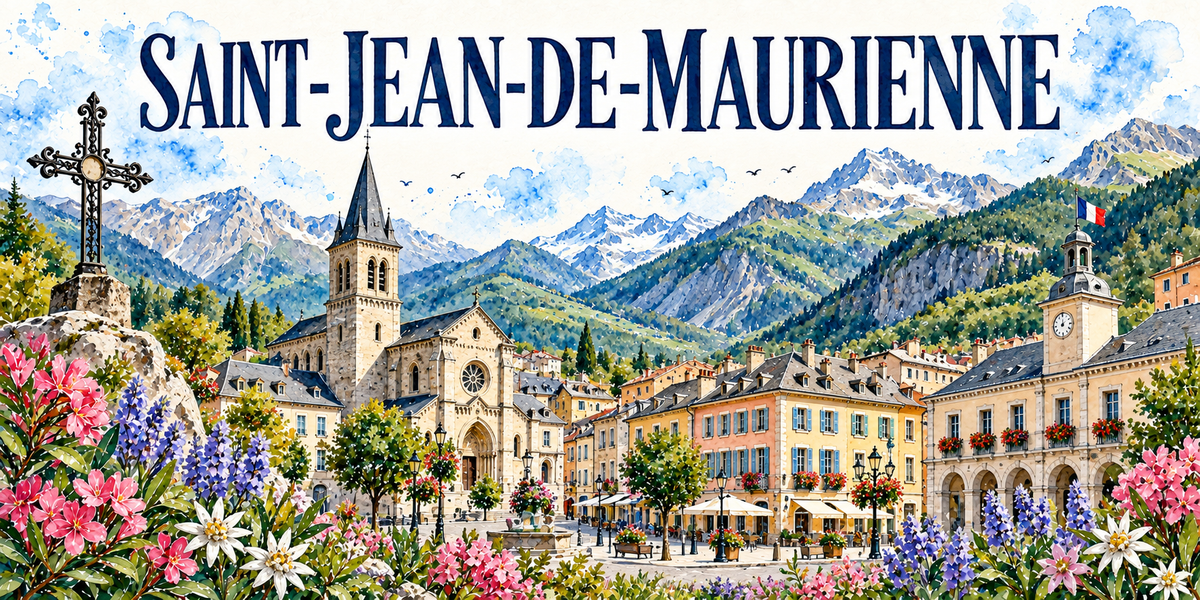 Saint-Jean-de-Maurienne en aquarelle : la cathédrale et sa rosace avec sa tour-clocher à gauche, l'hôtel de ville à arcades surmonté d'un campanile à horloge et d'un drapeau français à droite, la place plantée d'arbres avec ses terrasses et sa fontaine, une croix de fer sur socle de pierre au premier plan, les montagnes de Maurienne au fond, edelweiss et lauriers-roses