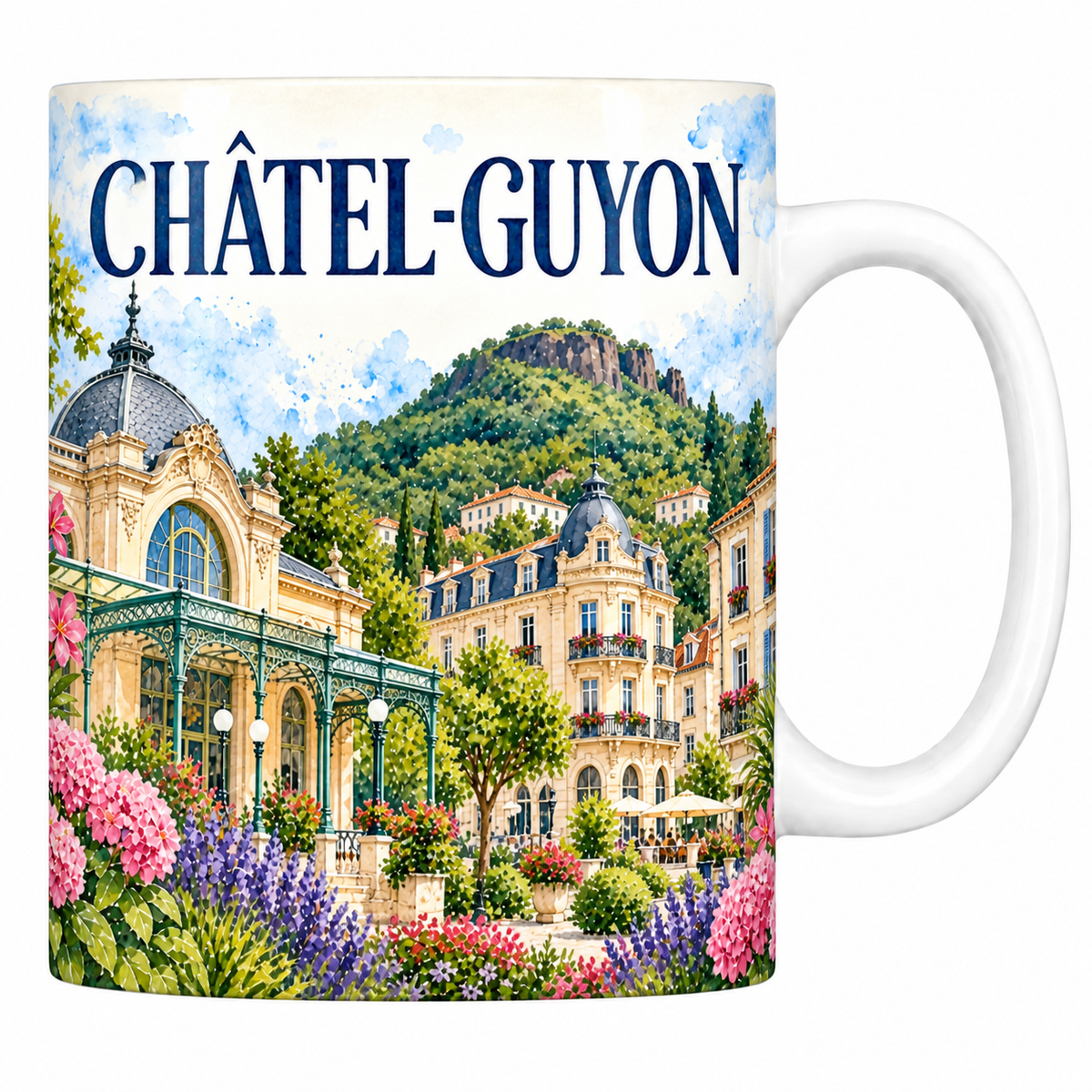 Mug céramique 330 ml Châtel-Guyon : l'édifice thermal et les hôtels Belle Époque en aquarelle