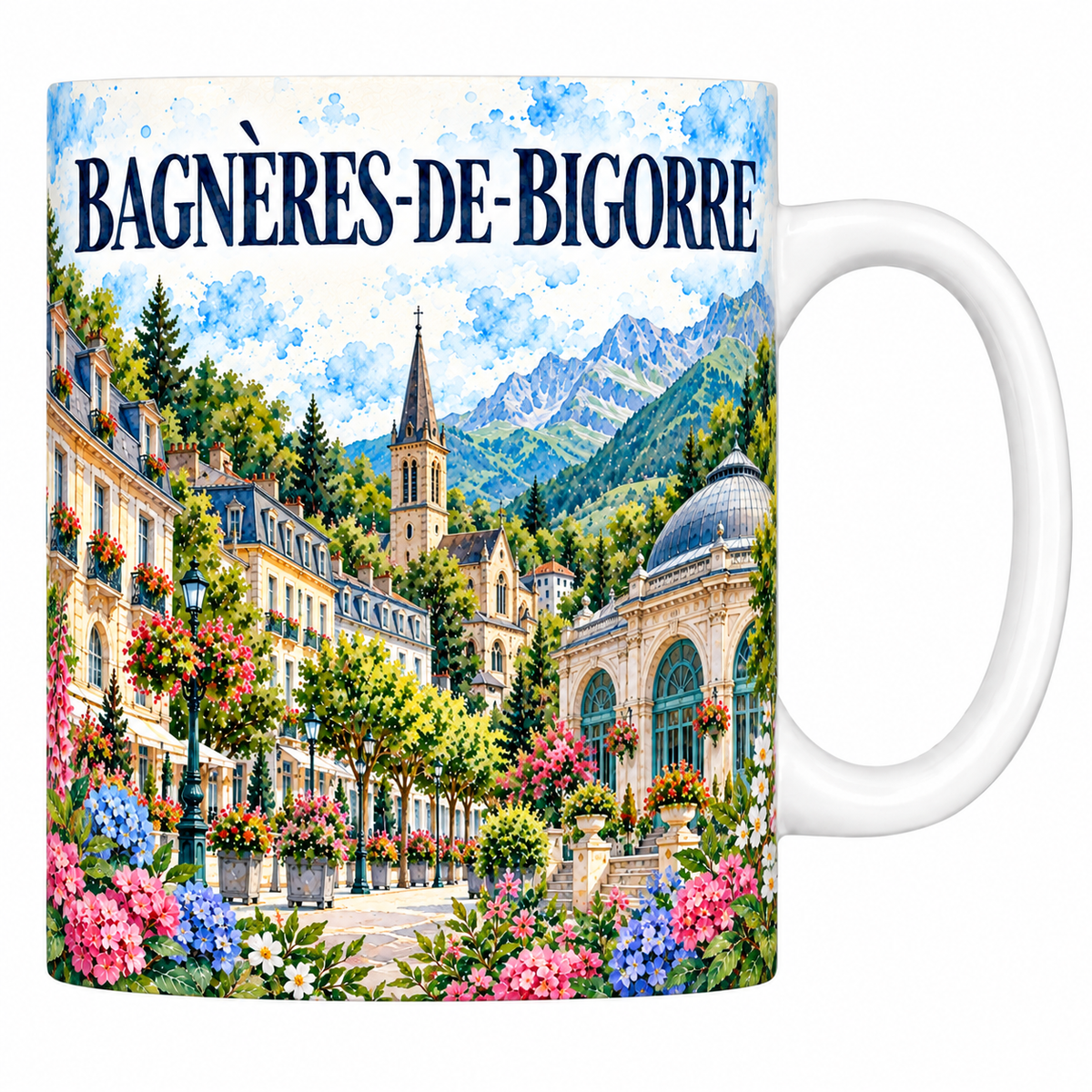 Mug céramique 330 ml Bagnères-de-Bigorre : les allées et l'édifice thermal en aquarelle
