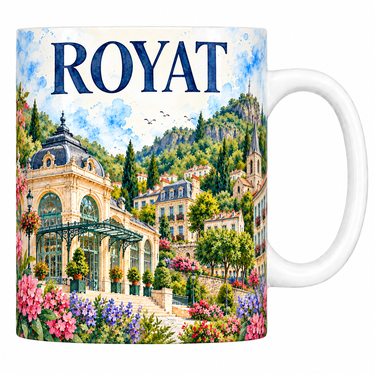 Mug céramique 330 ml Royat : l'édifice thermal et l'église fortifiée en aquarelle