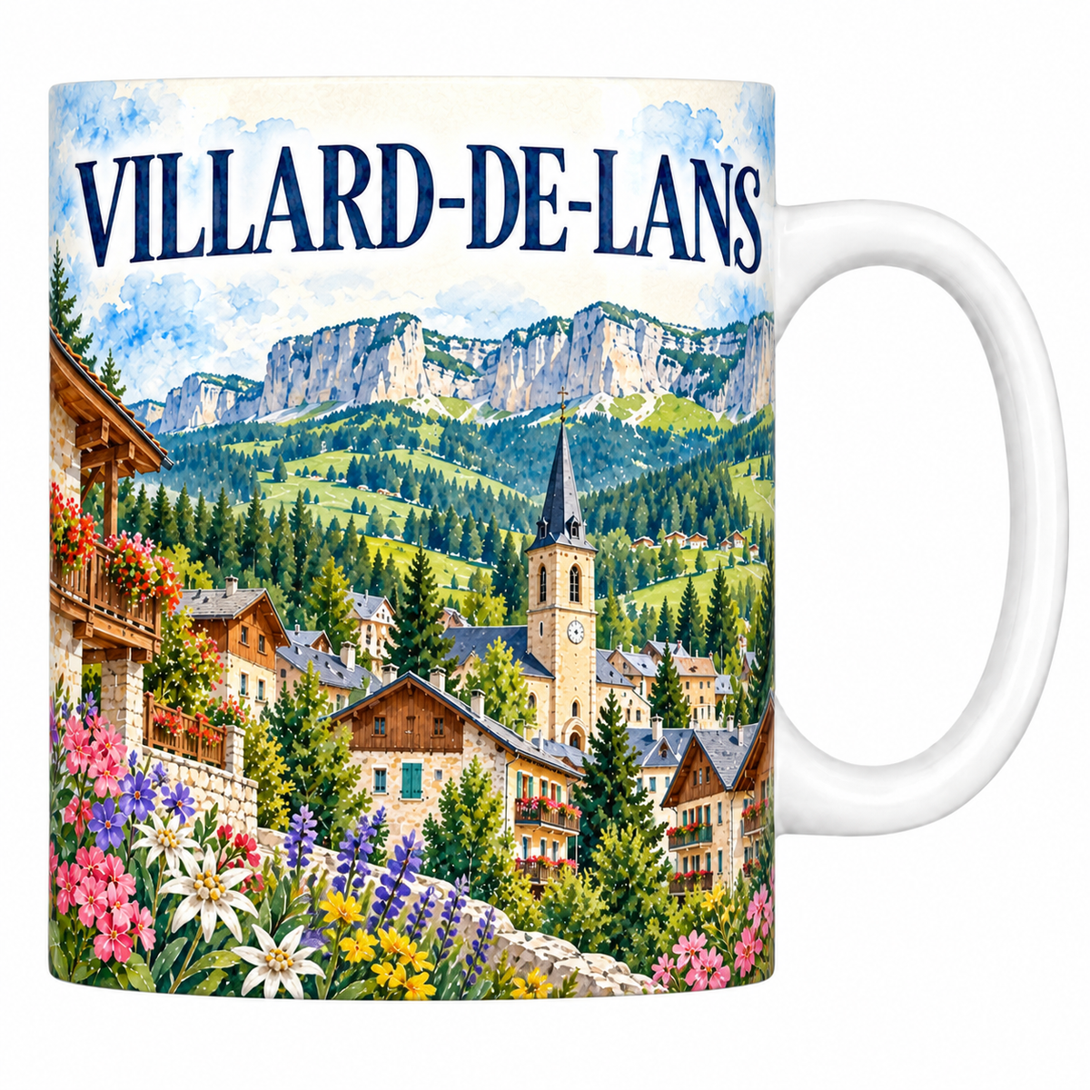 Mug céramique 330 ml Villard-de-Lans : le village et les falaises du Vercors en aquarelle