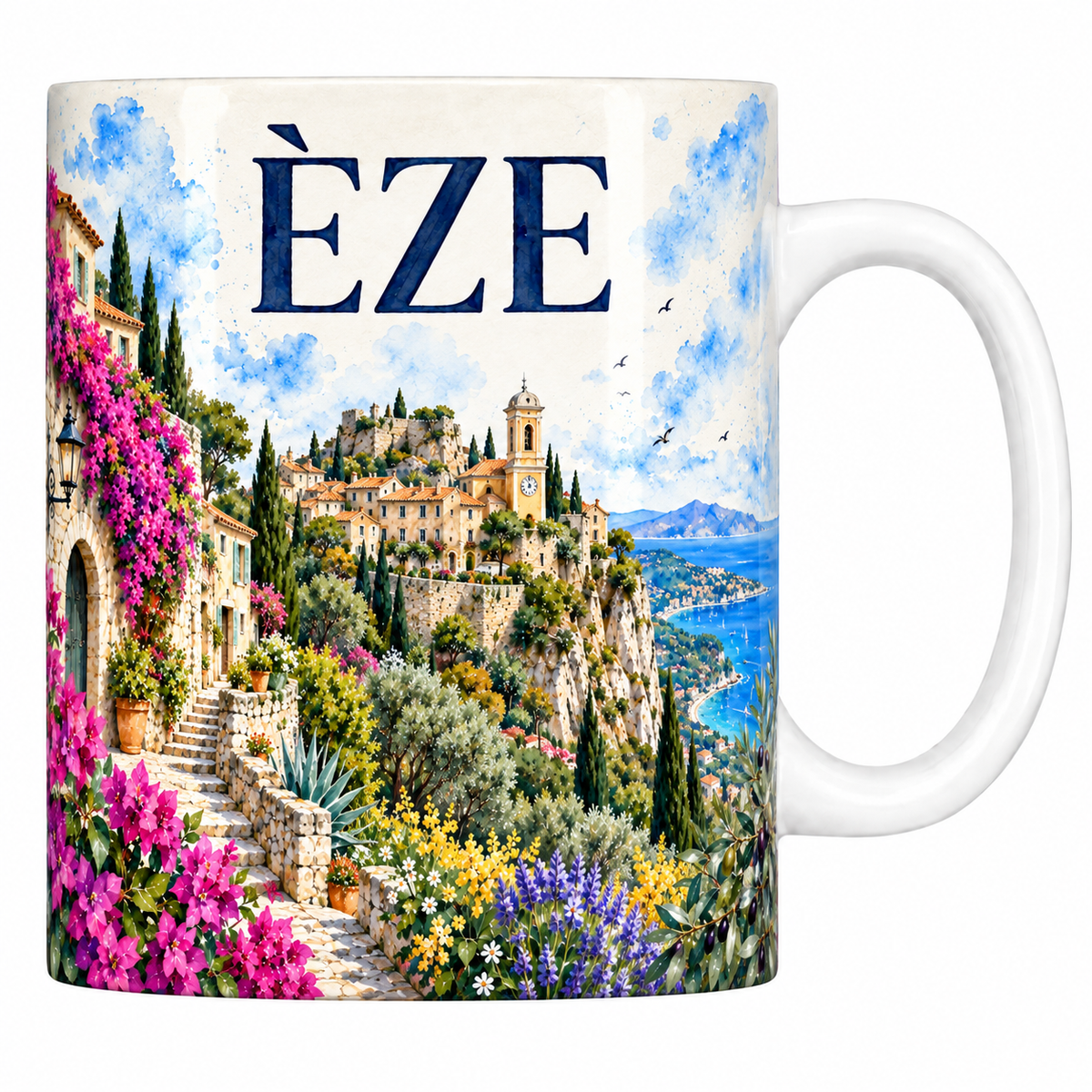 Mug céramique 330 ml Èze : la ruelle fleurie et le village perché en aquarelle