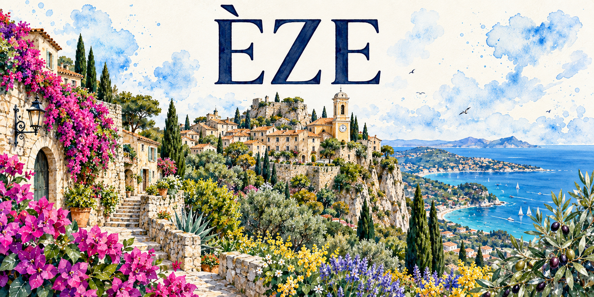 Èze en aquarelle : une ruelle pavée en escalier bordée de bougainvilliers roses et de maisons de pierre à gauche, le village perché sur son rocher avec le clocher à lanternon et son horloge, la falaise et les cyprès, la rade et le cap en contrebas avec des voiliers, oliviers et mimosas au premier plan