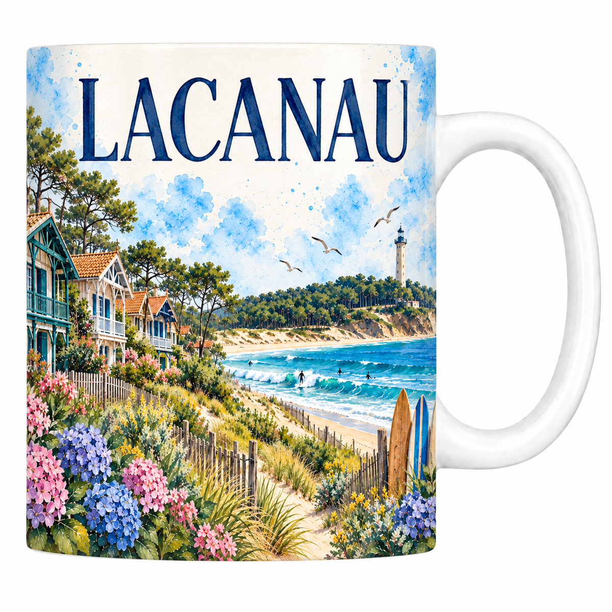 Mug céramique 330 ml Lacanau : les villas, la dune et la plage en aquarelle