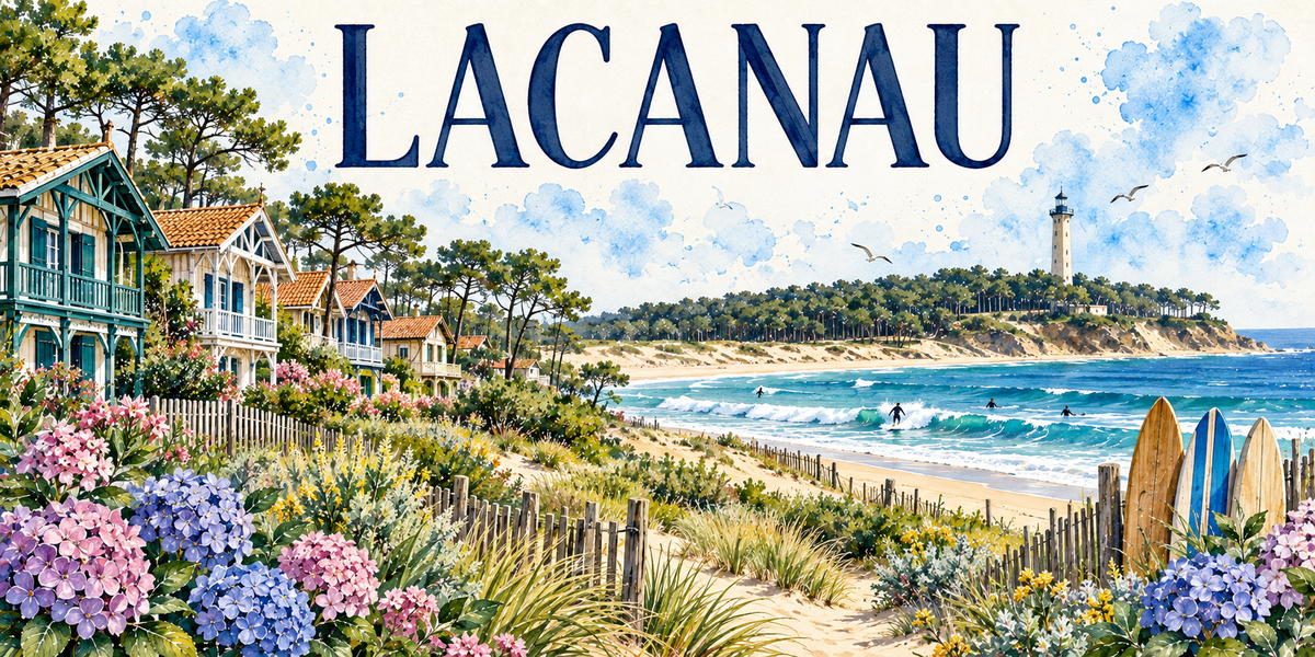 Lacanau en aquarelle : les villas balnéaires à pans de bois peints turquoise sous les pins à gauche, les ganivelles et les hortensias bleus et roses, le cordon de dune, la longue plage rectiligne avec des surfeurs dans les vagues, le phare blanc sur la pointe boisée au fond et des planches de surf plantées dans le sable à droite