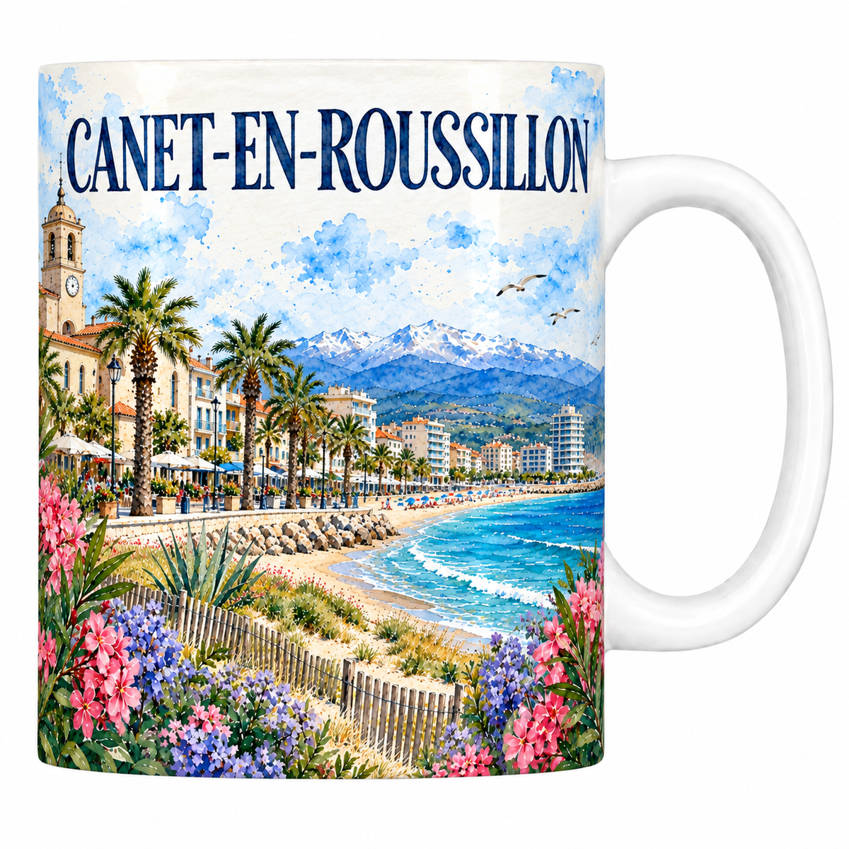 Mug céramique 330 ml Canet-en-Roussillon : la promenade, la plage et le Canigou en aquarelle