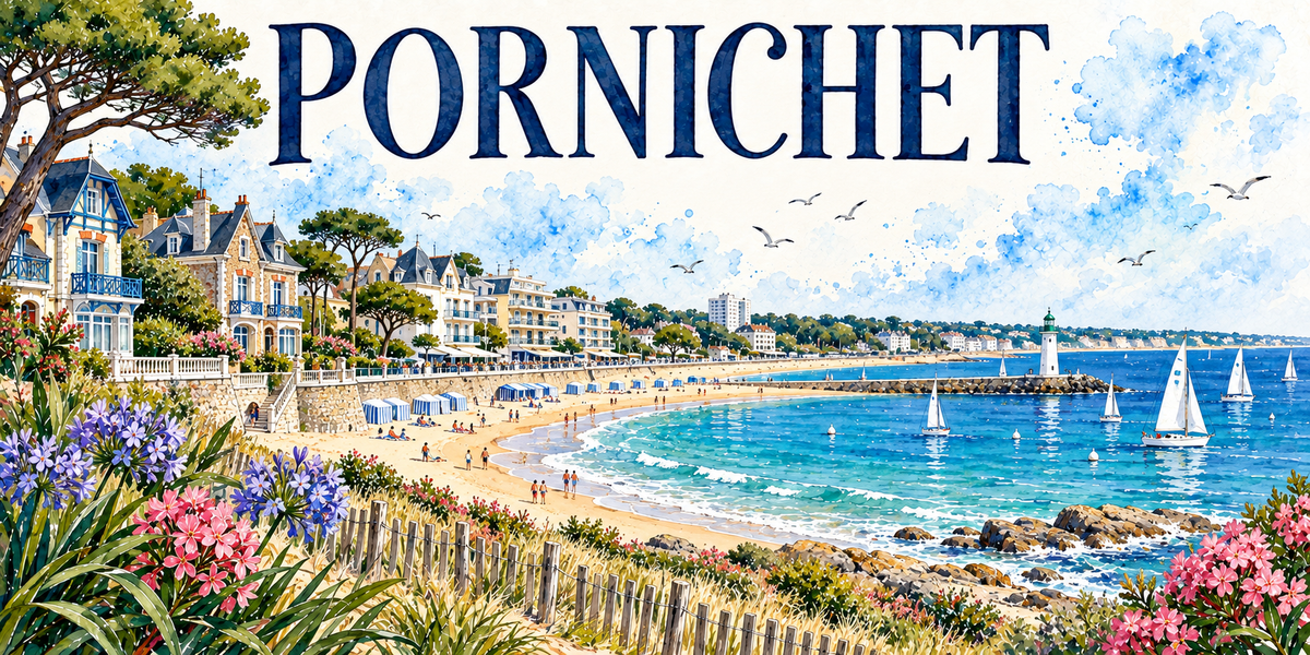 Pornichet en aquarelle : les villas Belle Époque à toits d'ardoise et bow-windows sous les pins parasols à gauche, le remblai et ses terrasses, la grande plage en arc avec ses tentes de plage rayées bleues, les rochers, le petit phare vert au bout de la jetée, des voiliers sur l'eau, agapanthes et lauriers-roses au premier plan