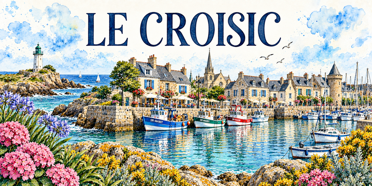 Le Croisic en aquarelle : un phare à lanterne verte sur les rochers à gauche, les maisons de granite à toits d'ardoise et volets bleus bordant le quai, le clocher à flèche effilée, une tour ronde à toit conique, le port et ses chalutiers bleu, vert et rouge, des voiliers, les rochers, hortensias roses, agapanthes et ajoncs au premier plan