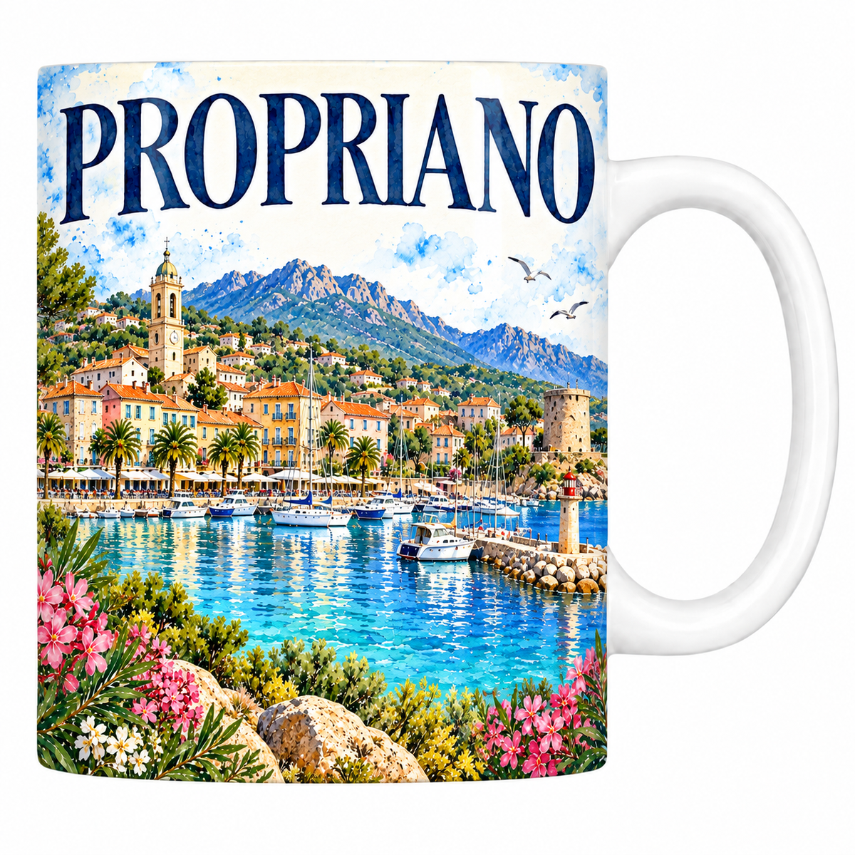 Mug céramique 330 ml Propriano : le port et le golfe du Valinco en aquarelle