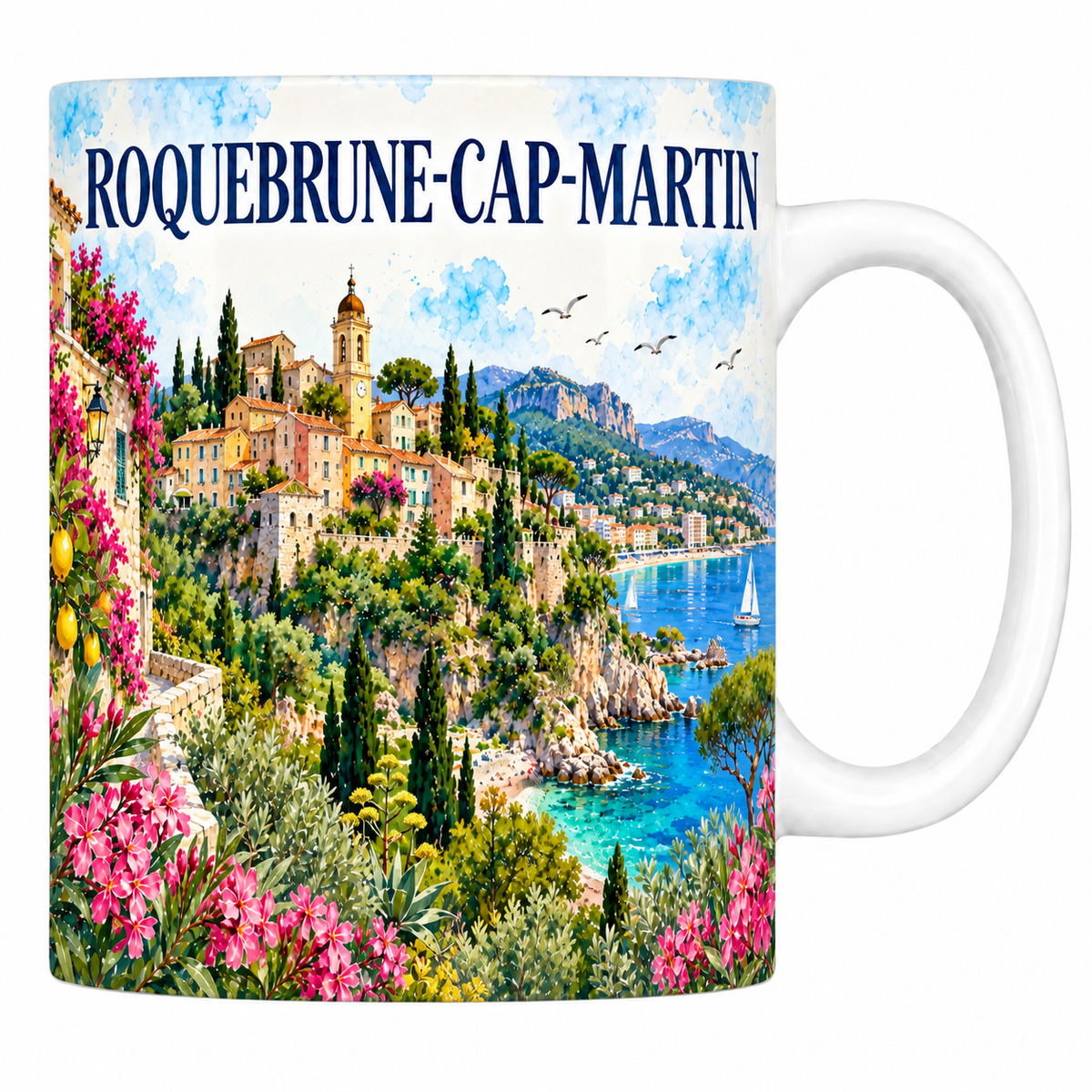 Mug céramique 330 ml Roquebrune-Cap-Martin : le village perché et la baie en aquarelle