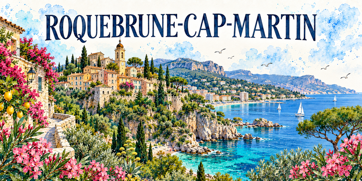 Roquebrune-Cap-Martin en aquarelle : le village médiéval perché avec ses maisons ocre étagées et le clocher à lanternon à gauche, les cyprès et la falaise, la baie turquoise et ses criques rocheuses, des voiliers, le cap et la côte au fond, un citronnier, des lauriers-roses et un pin parasol au premier plan