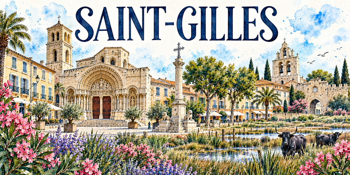 Saint-Gilles en aquarelle : la façade romane de l'abbatiale et ses trois portails sculptés au centre, le clocher-tour à gauche, une colonne surmontée d'une croix avec des lions à son pied, les façades à volets bleus et les terrasses, une porte fortifiée à droite, des taureaux noirs dans un marais au premier plan, lauriers-roses et iris