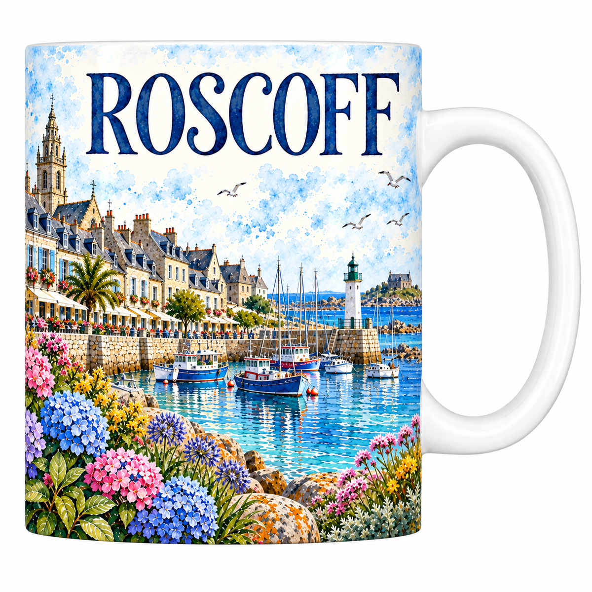 Mug céramique 330 ml Roscoff : le clocher, le port et l'île de Batz en aquarelle