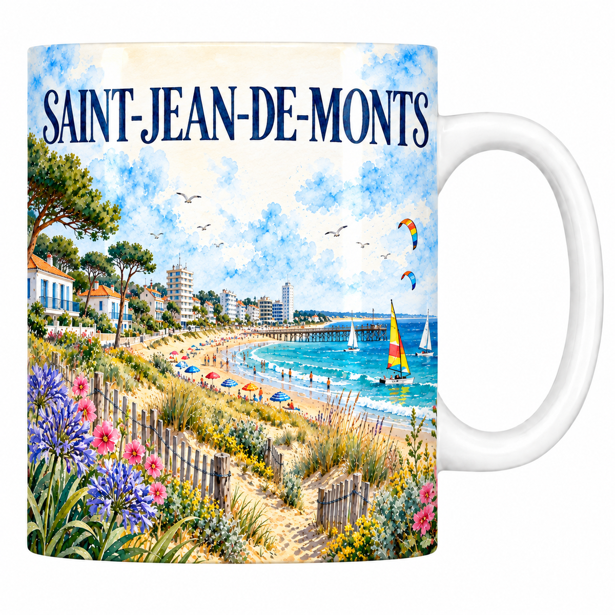 Mug céramique 330 ml Saint-Jean-de-Monts : la plage et l'estacade en aquarelle