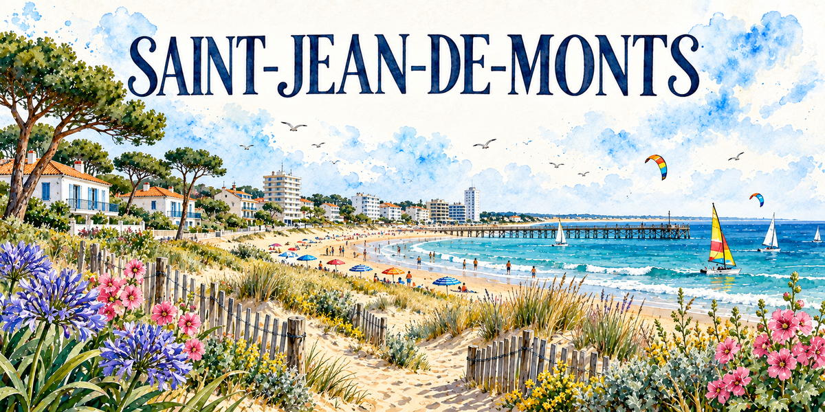 Saint-Jean-de-Monts en aquarelle : les villas blanches à toits de tuiles sous les pins à gauche, la dune et ses ganivelles, la longue plage avec ses parasols et ses baigneurs, les immeubles du front de mer, une estacade de bois qui avance sur la mer, des kitesurfs colorés et un catamaran à voile jaune et rouge, roses trémières et agapanthes au premier plan