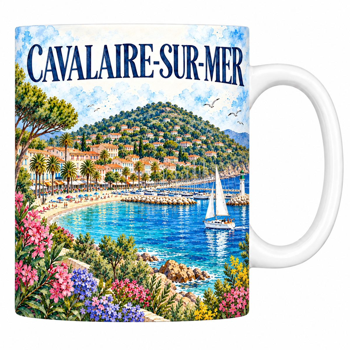 Mug céramique 330 ml Cavalaire-sur-Mer : la baie et le port en aquarelle