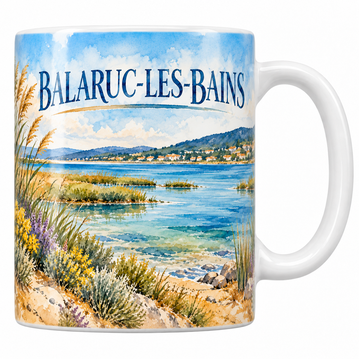 Mug céramique 330 ml Balaruc-les-Bains : l'étang de Thau, les roselières et la garrigue fleurie en aquarelle