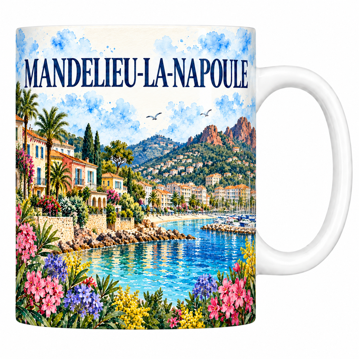 Mug céramique 330 ml Mandelieu-la-Napoule : la baie et l'Esterel en aquarelle